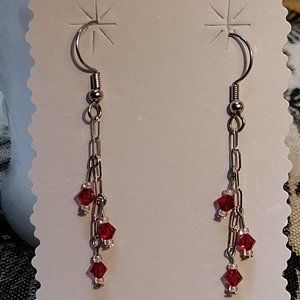 🖐 Silver Chain with Red Crystal Wire Earrings